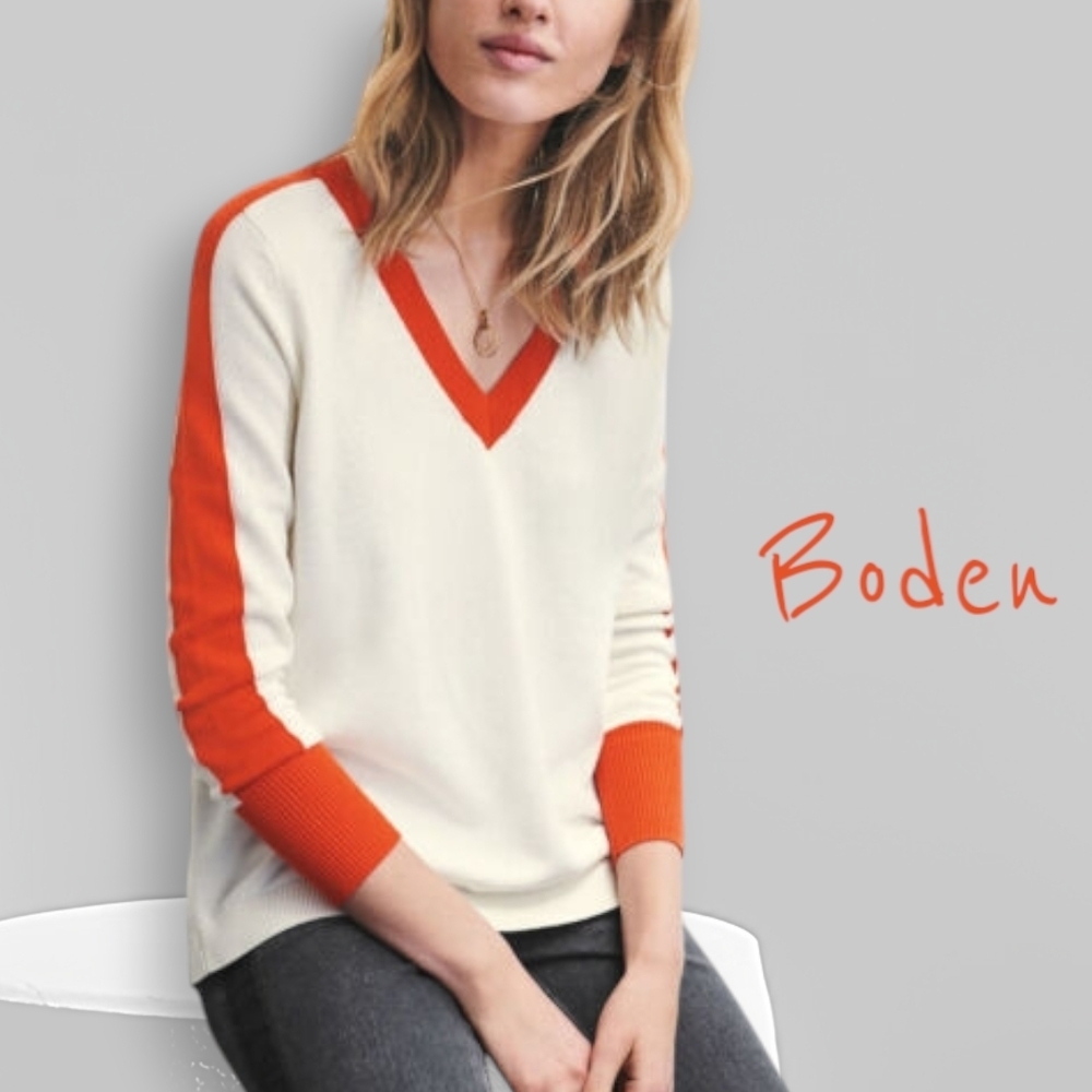 Boden Cream V-Neck Sweater with Orange Accents